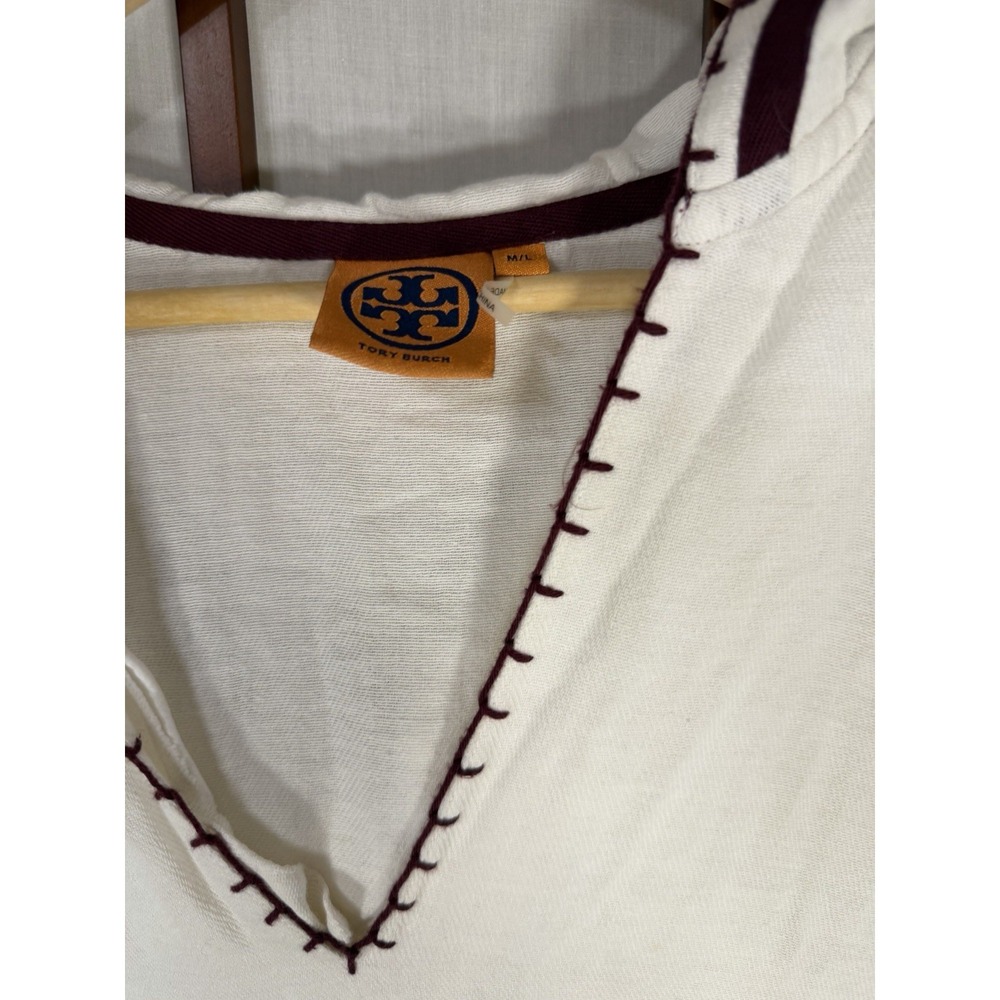 Tory Burch Woven Cotton Hooded Poncho Cover Up Ivory Burgundy Fringe Indie Beach - Picture 7 of 10